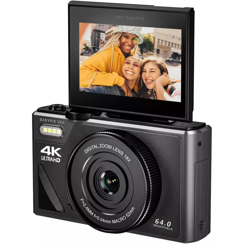 Easypix V64 Flip 20203 fotocamera digitale compatta, 64 MP, video 4K, display ribaltabile da 3 pollici, zoom digitale 18x, WiFi