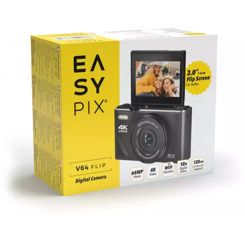 Easypix V64 Flip 20203 fotocamera digitale compatta, 64 MP, video 4K, display ribaltabile da 3 pollici, zoom digitale 18x, WiFi