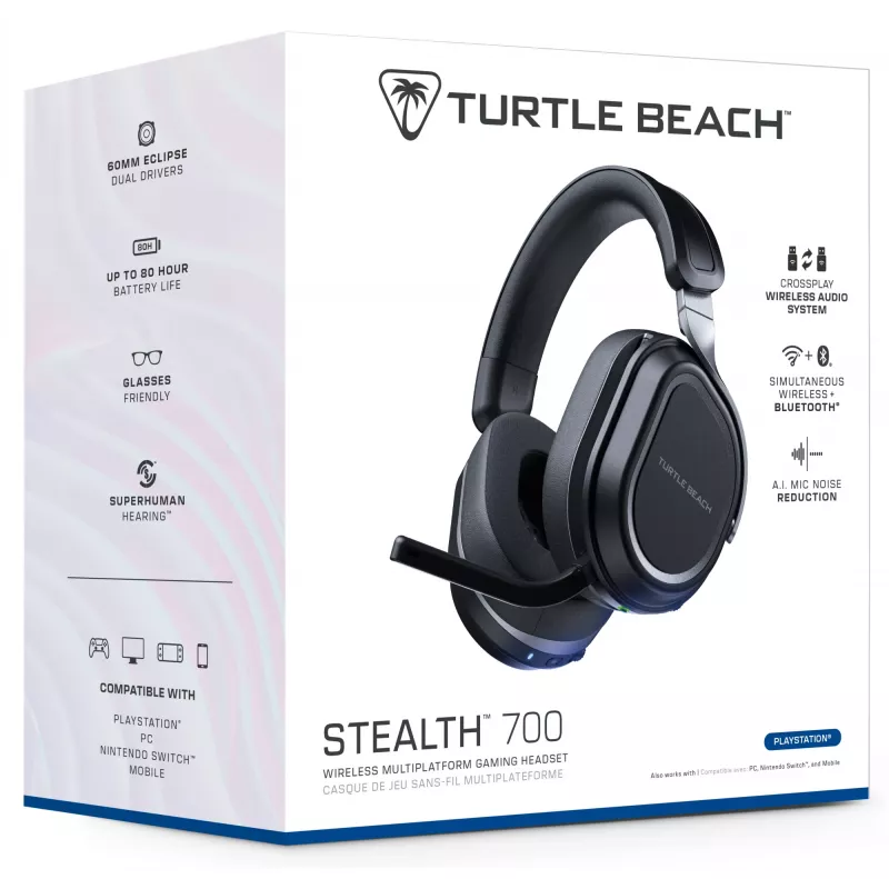 Turtle Beach Stealth 700 nero PlayStation headset gaming wireless con autonomia fino a 80 ore, Bluetooth, doppi trasmettitori e driver da 60 mm per PS5, PS4, PC e dispositivi mobili
