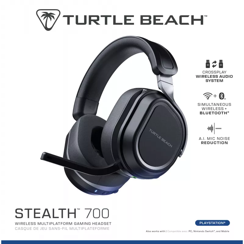 Turtle Beach Stealth 700 nero PlayStation headset gaming wireless con autonomia fino a 80 ore, Bluetooth, doppi trasmettitori e driver da 60 mm per PS5, PS4, PC e dispositivi mobili