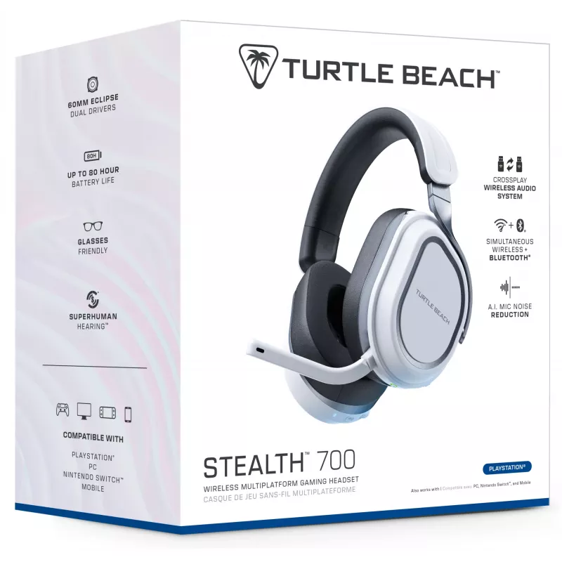 Turtle Beach Stealth 700 bianco PlayStation headset gaming wireless con batteria fino a 80 ore, Bluetooth, due trasmettitori e altoparlanti da 60 mm per PS5, PS4, PC e dispositivi mobili