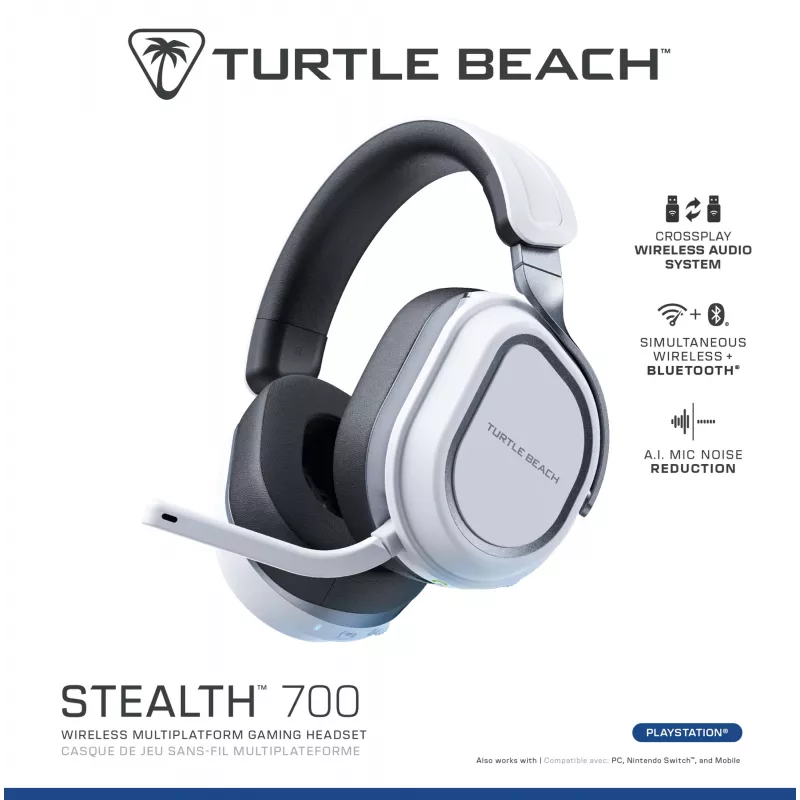 Turtle Beach Stealth 700 bianco PlayStation headset gaming wireless con batteria fino a 80 ore, Bluetooth, due trasmettitori e altoparlanti da 60 mm per PS5, PS4, PC e dispositivi mobili