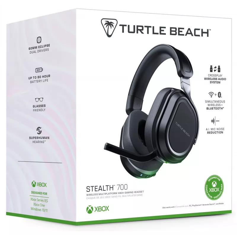 Turtle Beach Stealth 700 nero Xbox headset gaming wireless con batteria da 80 ore, Bluetooth, doppi trasmettitori e altoparlanti da 60 mm per Xbox Series X o S, Xbox One, PC e dispositivi mobili
