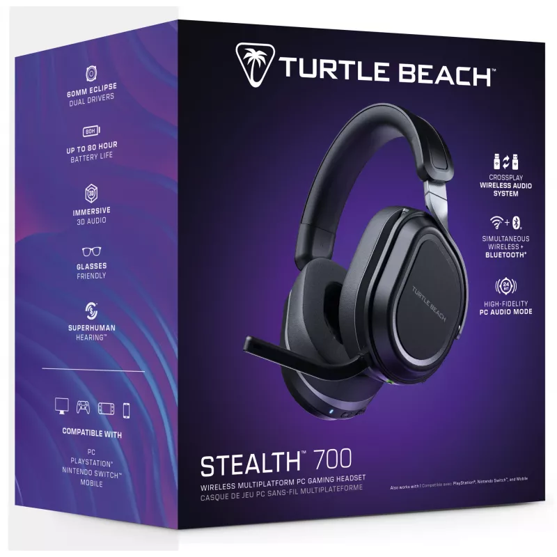 Turtle Beach Stealth 700 nero headset gaming wireless per PC con autonomia fino a 80 ore, Bluetooth, due trasmettitori e altoparlanti da 60 mm per PC, PS5, PS4 e dispositivi mobili