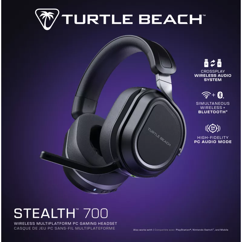 Turtle Beach Stealth 700 nero headset gaming wireless per PC con autonomia fino a 80 ore, Bluetooth, due trasmettitori e altoparlanti da 60 mm per PC, PS5, PS4 e dispositivi mobili