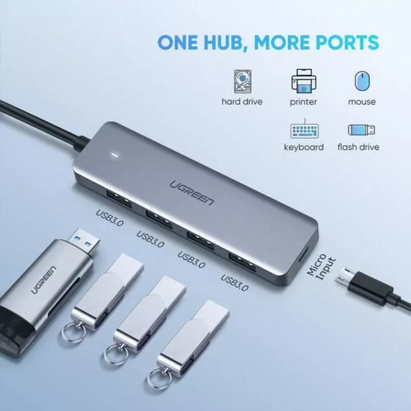 UGREEN 70336 (CM219) hub da USB-C a 4x USB 3.0, 5 Gbps, OTG, porta di alimentazione USB-C, cavo da 15 cm, grigio