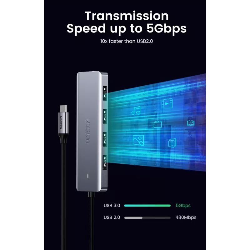 UGREEN 70336 (CM219) hub da USB-C a 4x USB 3.0, 5 Gbps, OTG, porta di alimentazione USB-C, cavo da 15 cm, grigio