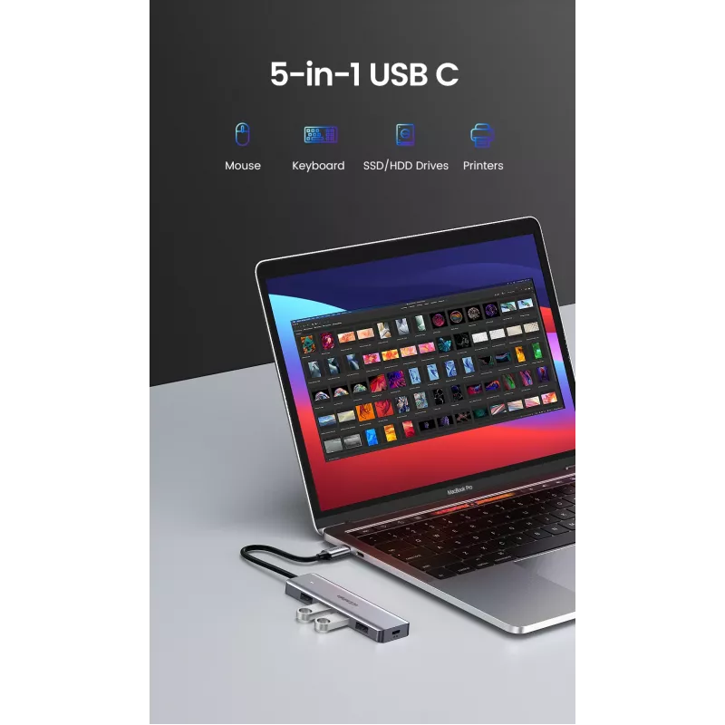 UGREEN 70336 (CM219) hub da USB-C a 4x USB 3.0, 5 Gbps, OTG, porta di alimentazione USB-C, cavo da 15 cm, grigio