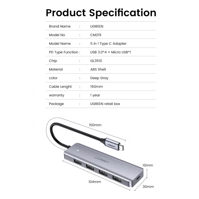 UGREEN 70336 (CM219) hub da USB-C a 4x USB 3.0, 5 Gbps, OTG, porta di alimentazione USB-C, cavo da 15 cm, grigio