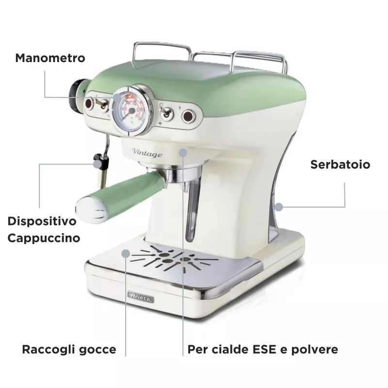 Macchina per espresso Ariete 1389 Vintage - macchina per espresso per caffè macinato o cialde ESE, colore verde pastello