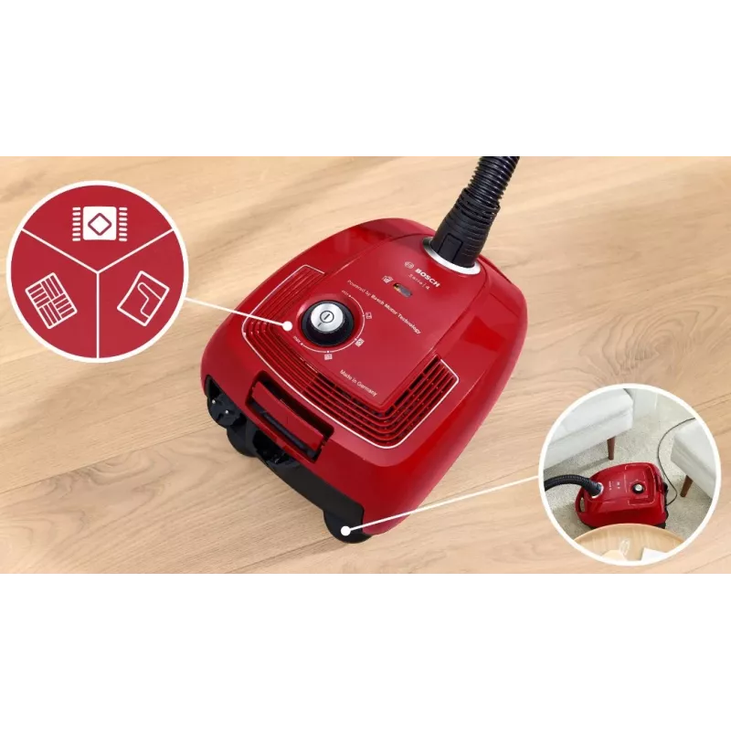 Aspirapolvere a traino Bosch Serie 4 BGD38RD1H, 600 W, 4 L sacchetto, pulizia a secco, rosso