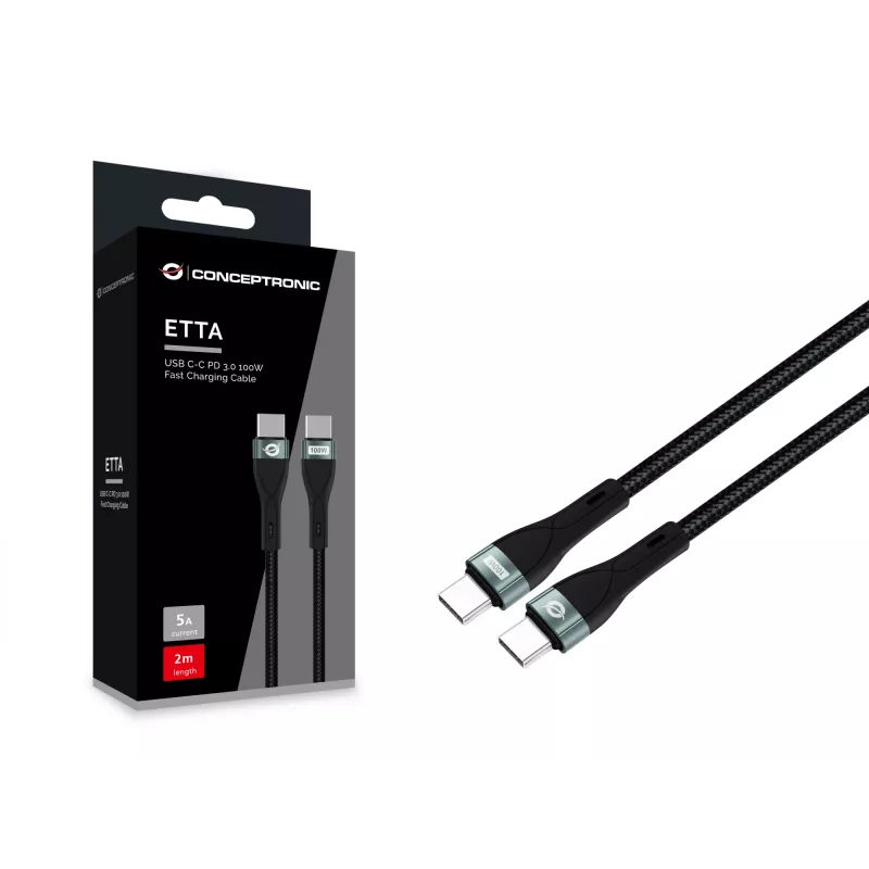Conceptronic ETTA01B20 cavo a ricarica rapida USB C-C PD 3.0 100W 2M, 20V 5A, 480Mbps, E-Mark