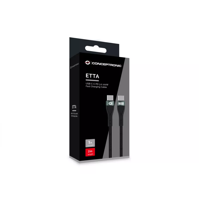 Conceptronic ETTA01B20 cavo a ricarica rapida USB C-C PD 3.0 100W 2M, 20V 5A, 480Mbps, E-Mark