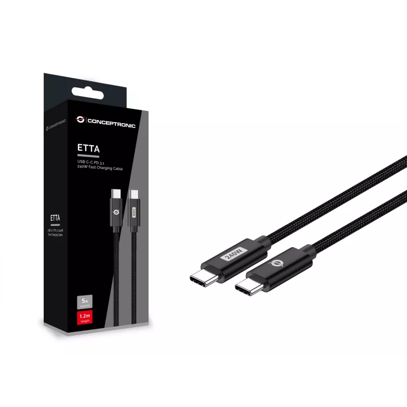 Cavo di ricarica rapida Conceptronic ETTA03B20 USB-C a USB-C PD 3.1 240 W, 2 m, 48 V/5 A, 480 Mbit/s, E-Mark