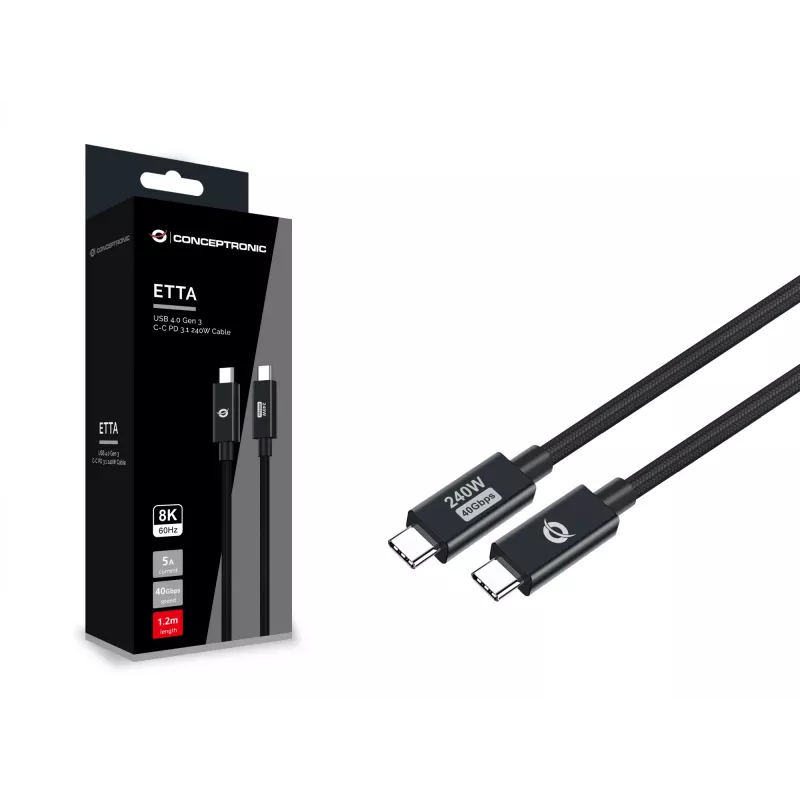 Cavo Conceptronic ETTA04B12 USB 4.0 Gen 3 C-C PD 3.1 240W 1,2 m, 48 V 5 A, 40 Gbit/s, E-Mark