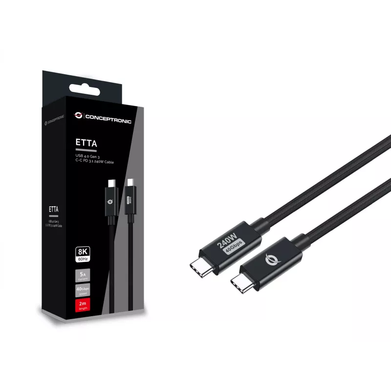 Conceptronic ETTA04B20 cavo USB 4.0 Gen 3 C-C PD 3.1 240W 2M, 48V 5A, 40Gbps, E-Mark