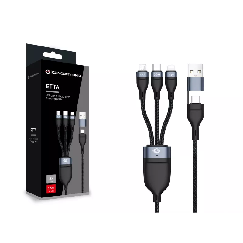 Cavo di ricarica Conceptronic ETTA05B15 USB 3-in-1 PD 3.0 60W 1,5 m, 20V 3A, 480Mbps