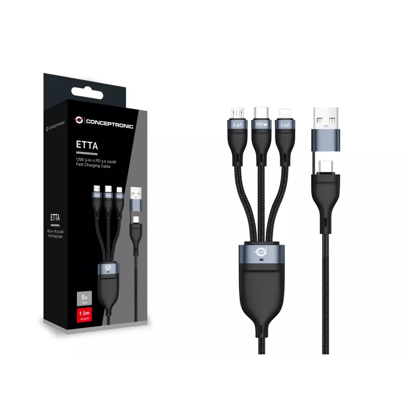 Cavo di ricarica rapida Conceptronic ETTA06B15 USB 3-in-1 PD 3.0 100W 1,5 m, 20V 5A, 480 Mbit/s, E-Mark