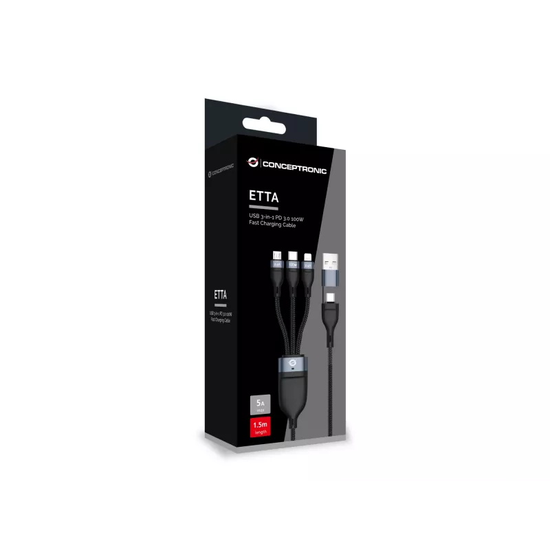 Cavo di ricarica rapida Conceptronic ETTA06B15 USB 3-in-1 PD 3.0 100W 1,5 m, 20V 5A, 480 Mbit/s, E-Mark