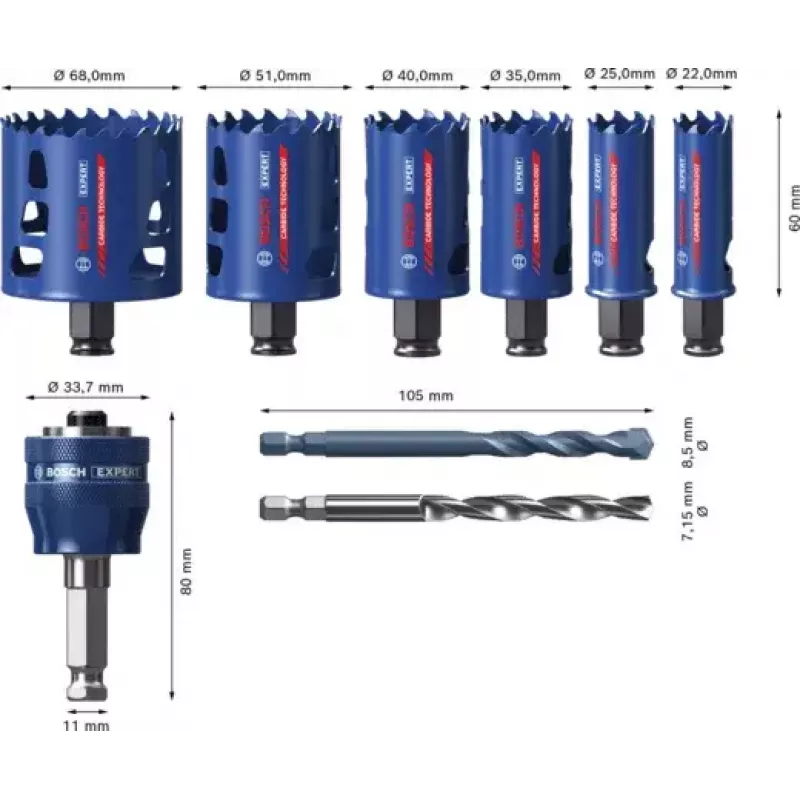 Bosch 2 608 900 446 Expert Tough Material set seghe a tazza, 9 pz., 22–68 mm, con adattatore Power Change Plus