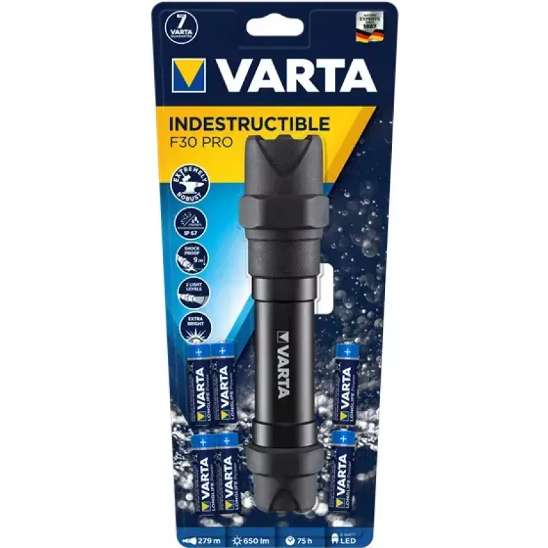 Varta Indestructible F30 Pro 18714101421 torcia LED, 6 W, 650 lm, alluminio, nera