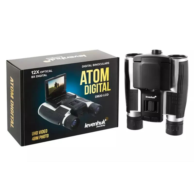 Binocolo Levenhuk Atom DB20 con ingrandimento 20x e fotocamera integrata da 2-MP, display LCD