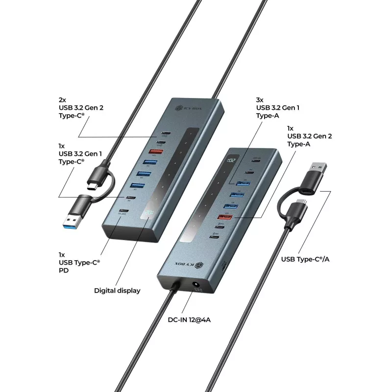 RAIDSONIC ICY BOX hub 9-in-1 con Power Delivery, host USB 3.2 Gen 2 Type-C/Type-A, alluminio, blu