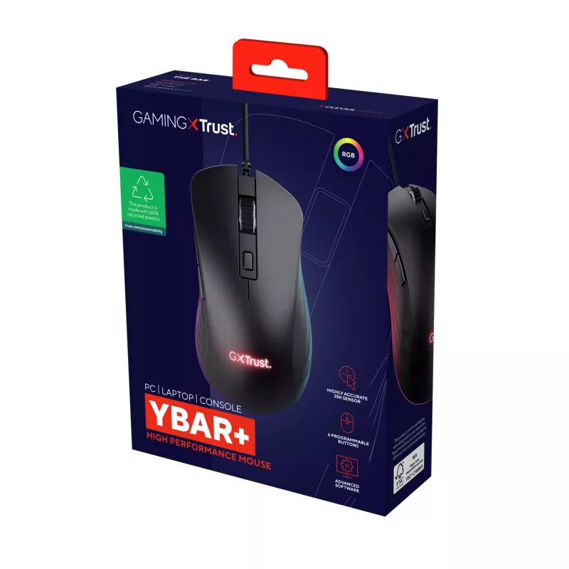 Mouse gaming Trust GXT924 YBAR+ destrorso USB Type-A ottico 25600 DPI