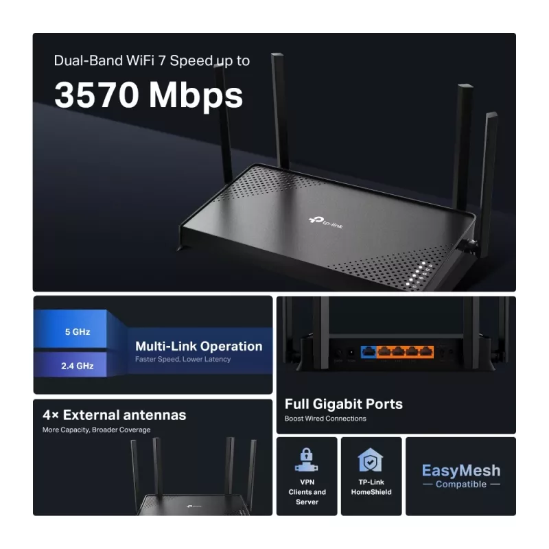 Router Wi-Fi TP-Link Archer BE220 Gigabit Ethernet dual band (2,4 GHz / 5 GHz) nero
