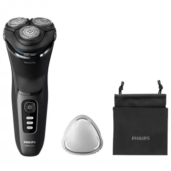 Rasoio elettrico rotativo Philips 3000 Series S3244/12 – 3 testine, bagnato e asciutto, Li-Ion, 60 min. di autonomia, trimmer pop-up, lavabile, nero