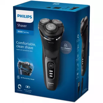 Rasoio elettrico rotativo Philips 3000 Series S3244/12 – 3 testine, bagnato e asciutto, Li-Ion, 60 min. di autonomia, trimmer pop-up, lavabile, nero