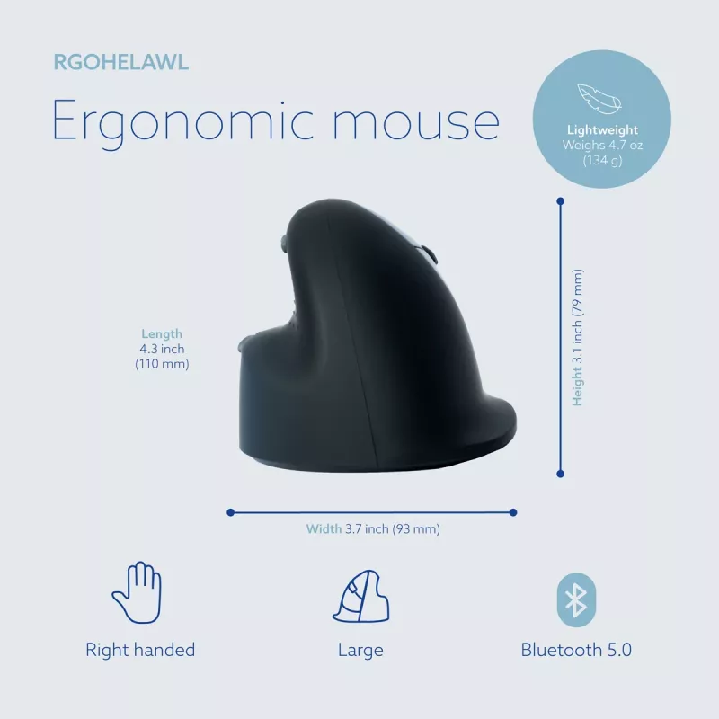R-Go Tools mouse ergonomico R-Go HE Break con software per pause, grande (dimensione mano ≥ 185 mm), per destrimani, Bluetooth, nero