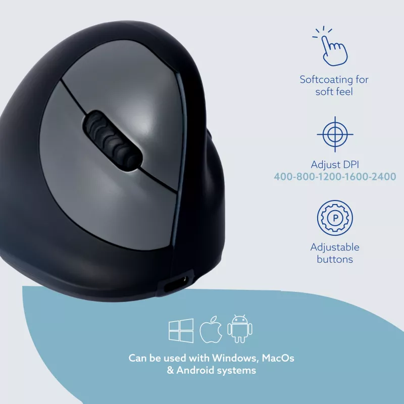 R-Go Tools mouse ergonomico R-Go HE Break con software per pause, medio (dimensione mano 165-185 mm), per destrimani, Bluetooth, nero