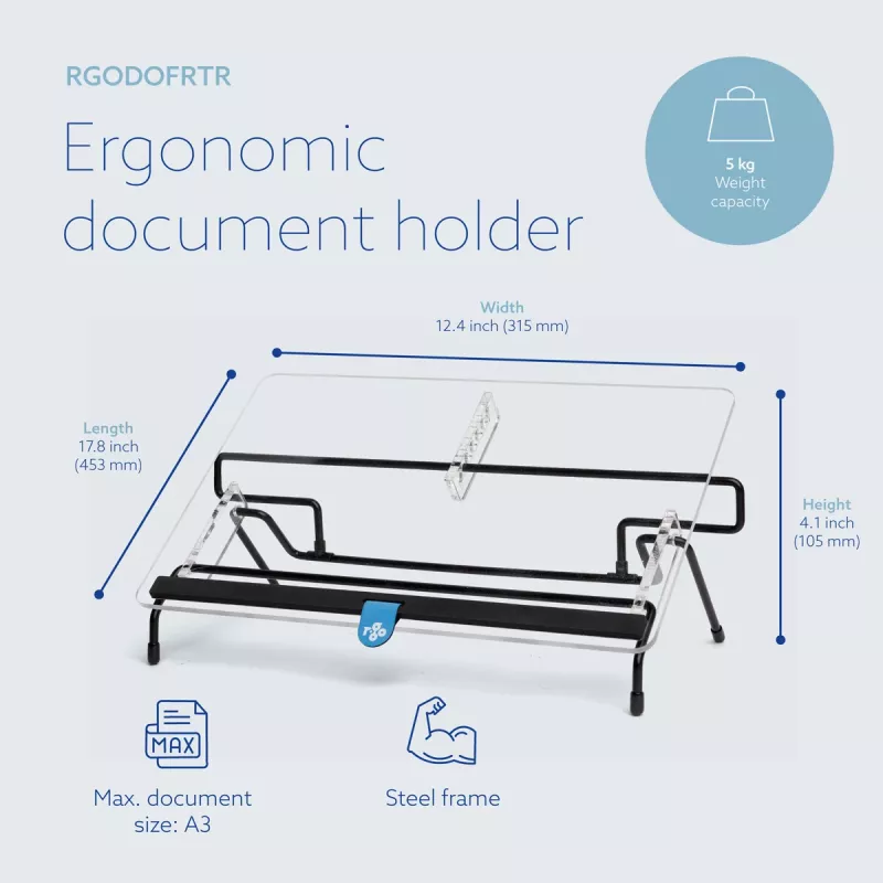 R-Go Tools porta documenti R-Go Flex Read, ergonomico, con morbido poggiapolsi in schiuma, acrilico trasparente