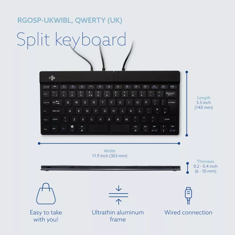 Tastiera ergonomica R-Go Tools R-Go Split Break v2 con software Break, tastiera ergonomica divisa, QWERTY (UK), con filo, nero