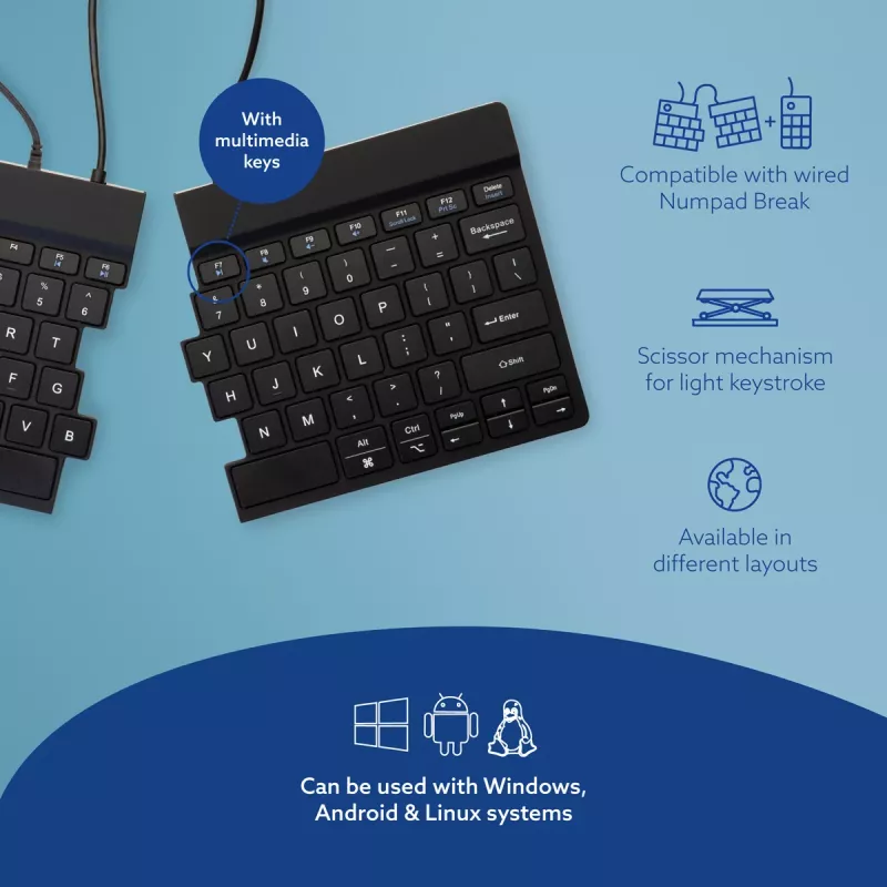 Tastiera ergonomica R-Go Tools R-Go Split Break v2 con software Break, tastiera ergonomica divisa, QWERTY (US), con filo, nero