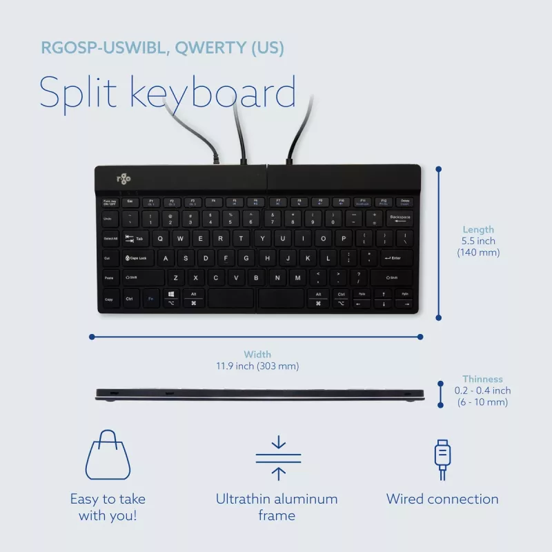 Tastiera ergonomica R-Go Tools R-Go Split Break v2 con software Break, tastiera ergonomica divisa, QWERTY (US), con filo, nero