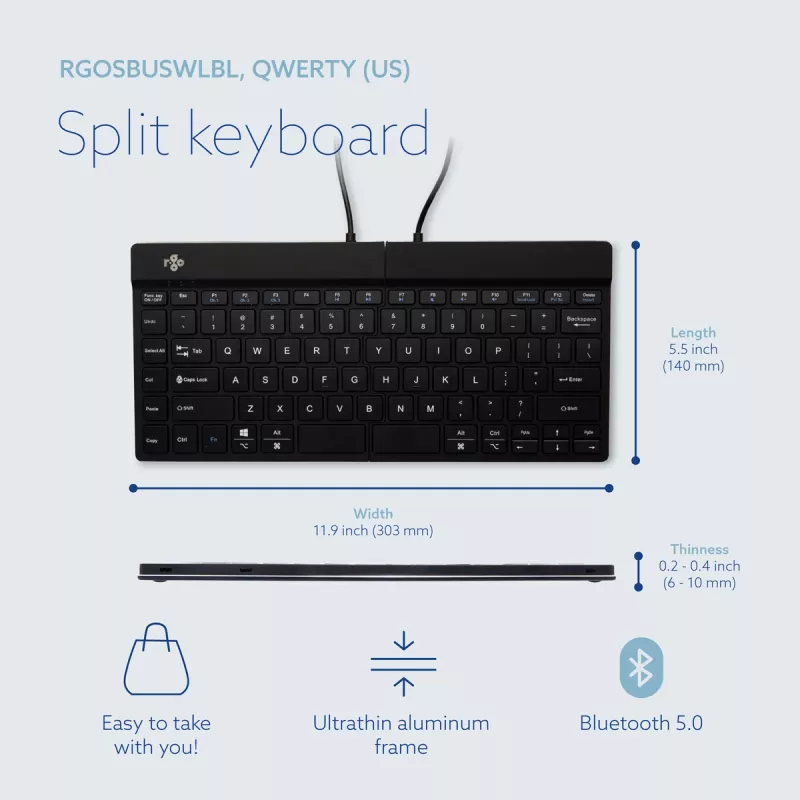 Tastiera ergonomica R-Go Tools R-Go Split Break con software per pause, tastiera ergonomica divisa, QWERTY (US), Bluetooth, nero
