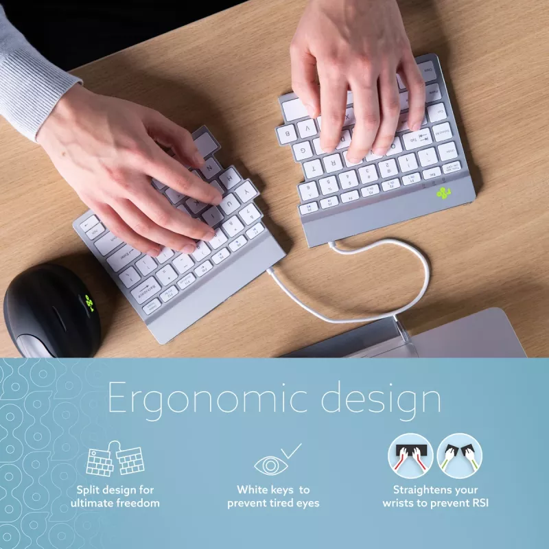 Tastiera ergonomica R-Go Tools R-Go Split Break con software per le pause, tastiera ergonomica divisa, QWERTY (US), Bluetooth, bianca