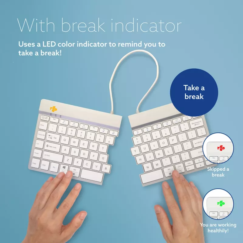 Tastiera ergonomica R-Go Tools R-Go Split Break con software per le pause, tastiera ergonomica divisa, QWERTY (US), Bluetooth, bianca