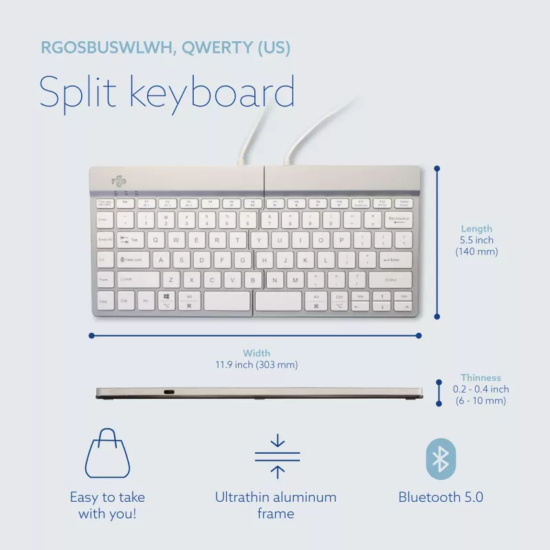 Tastiera ergonomica R-Go Tools R-Go Split Break con software per le pause, tastiera ergonomica divisa, QWERTY (US), Bluetooth, bianca