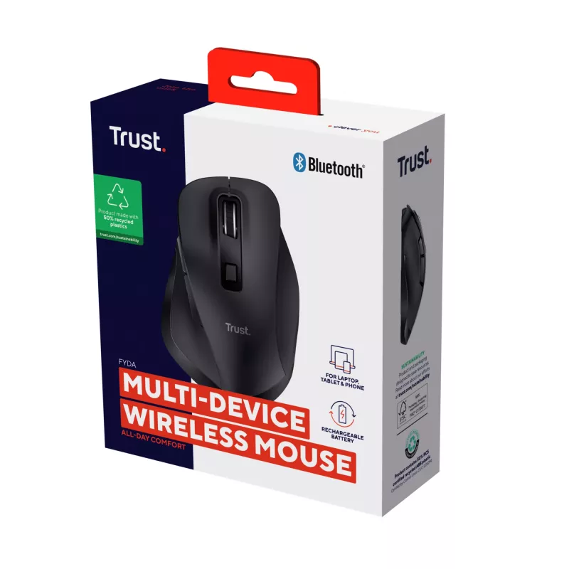 TRUST Fyda Office mouse ergonomico wireless per destrorsi – RF + Bluetooth 5.2 – ottico 2400 DPI – 6 tasti – nero