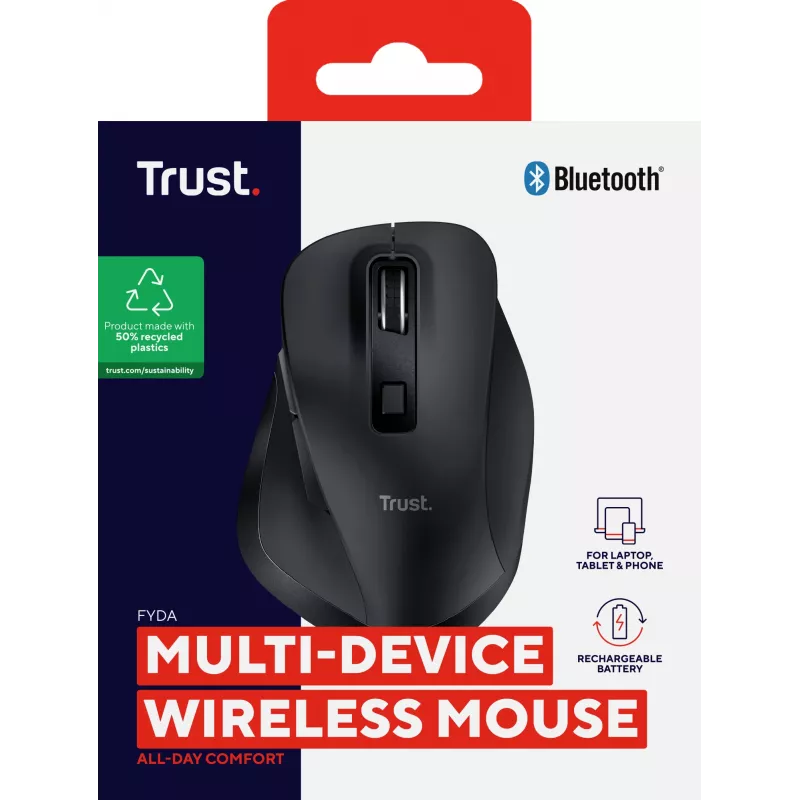 TRUST Fyda Office mouse ergonomico wireless per destrorsi – RF + Bluetooth 5.2 – ottico 2400 DPI – 6 tasti – nero