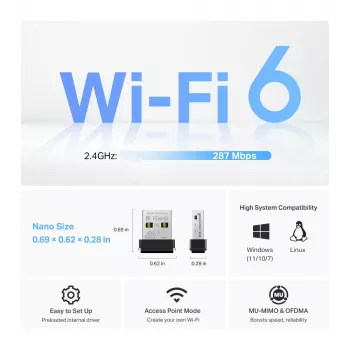 Adattatore USB wireless TP‑Link Archer TX1U Nano Wi‑Fi 6 (IEEE 802.11ax) Dual‑Band 2,4/5 GHz, 287 Mbit/s, Bluetooth, USB 2.0, nero