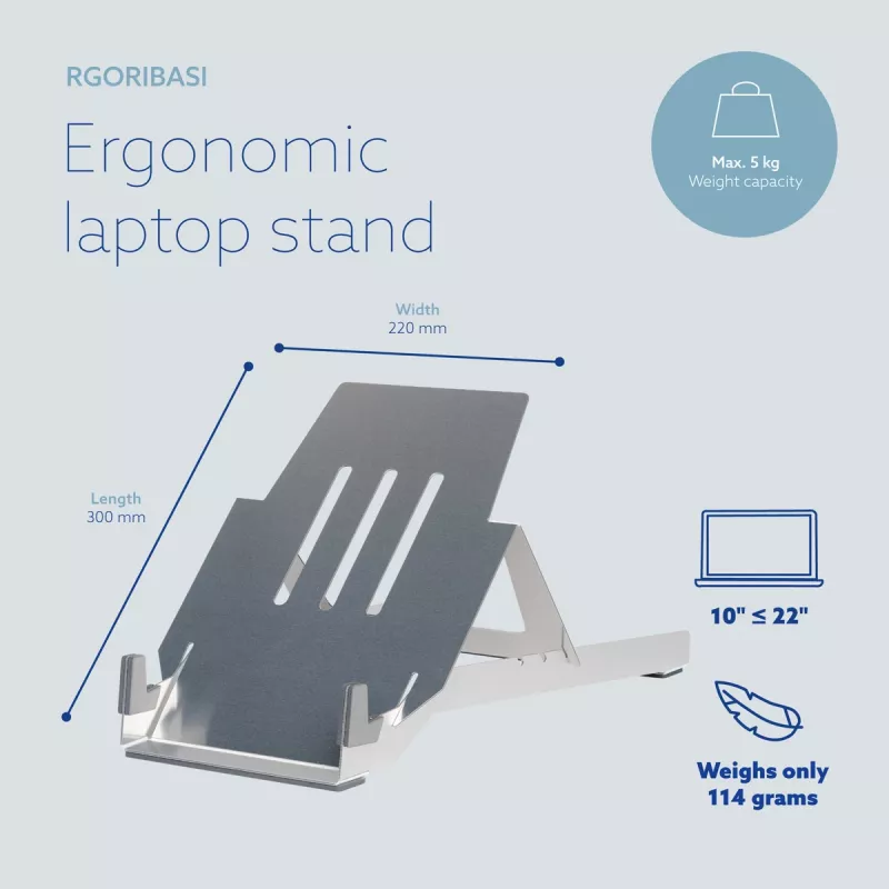 R-Go Tools supporto per laptop R-Go Riser Basic, supporto per laptop pieghevole e regolabile, alluminio, argento