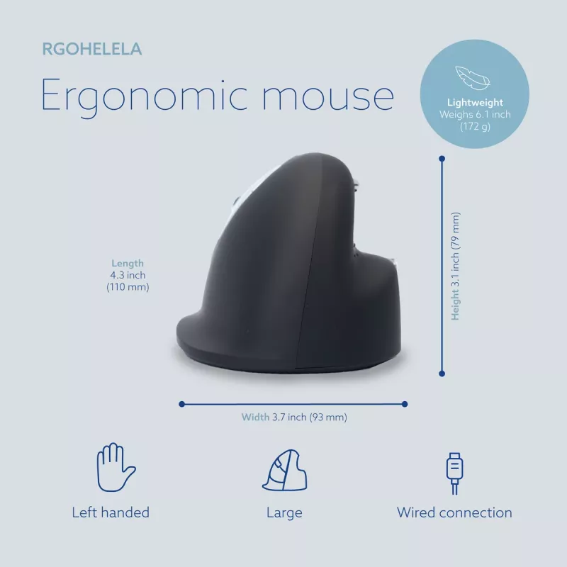 R-Go Tools mouse ergonomico R-Go HE Break con software per pause, grande (misura mano ≥ 185 mm), per mancini, con filo, nero