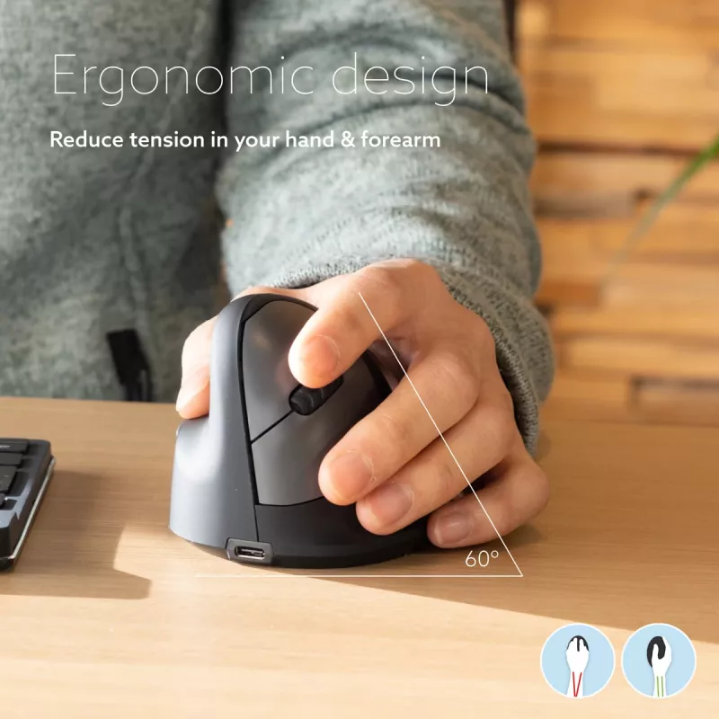 R-Go Tools mouse ergonomico R-Go HE Break con software per pause, medio (misura mano 165-185 mm), per mancini, Bluetooth, nero