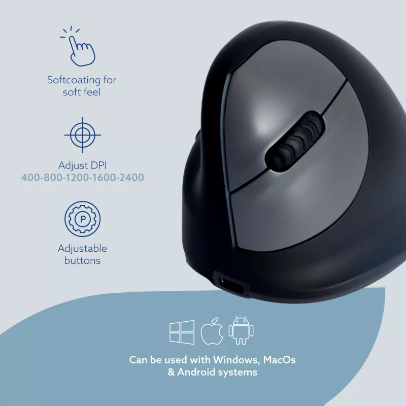 R-Go Tools mouse ergonomico R-Go HE Break con software per pause, medio (misura mano 165-185 mm), per mancini, Bluetooth, nero