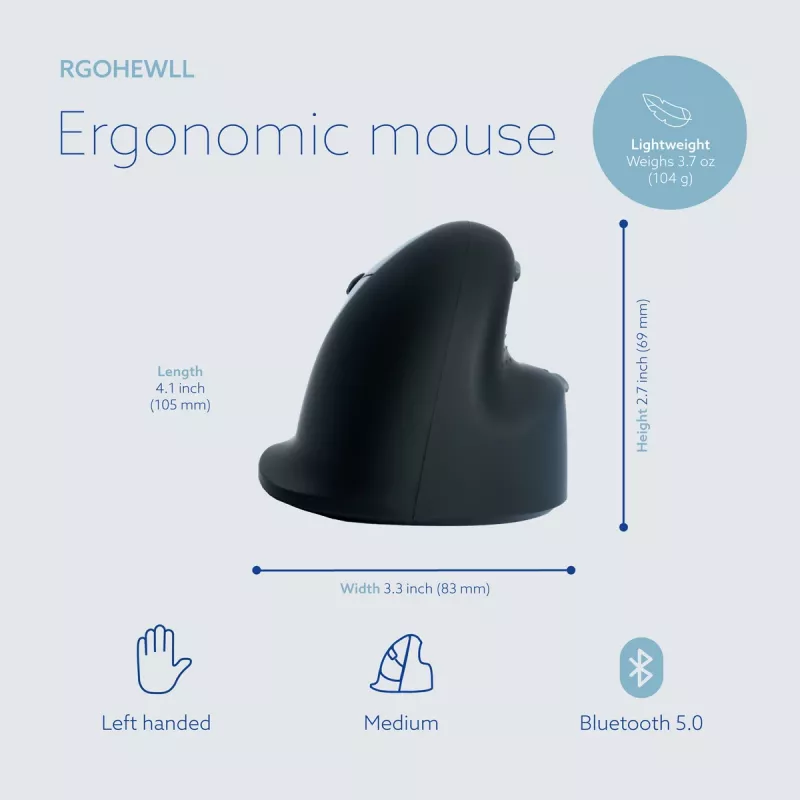 R-Go Tools mouse ergonomico R-Go HE Break con software per pause, medio (misura mano 165-185 mm), per mancini, Bluetooth, nero