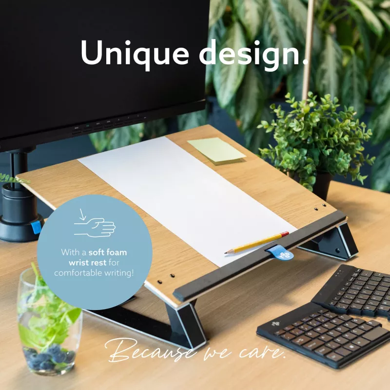 R-Go Tools supporto per documenti R-Go Read2Write, adatto per leggere e scrivere, ergonomico, con poggiapolsi in morbida schiuma, legno di quercia